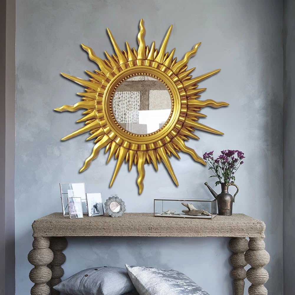 Antyczne Złote Lustro Ścienne, Okrągłe Lustra Sunburst Lustro Wiszące do Łazienki Sypialnia Pokój Dzienny Ozdobne Dekoracje w Stylu Vintage(70cm/28in)
