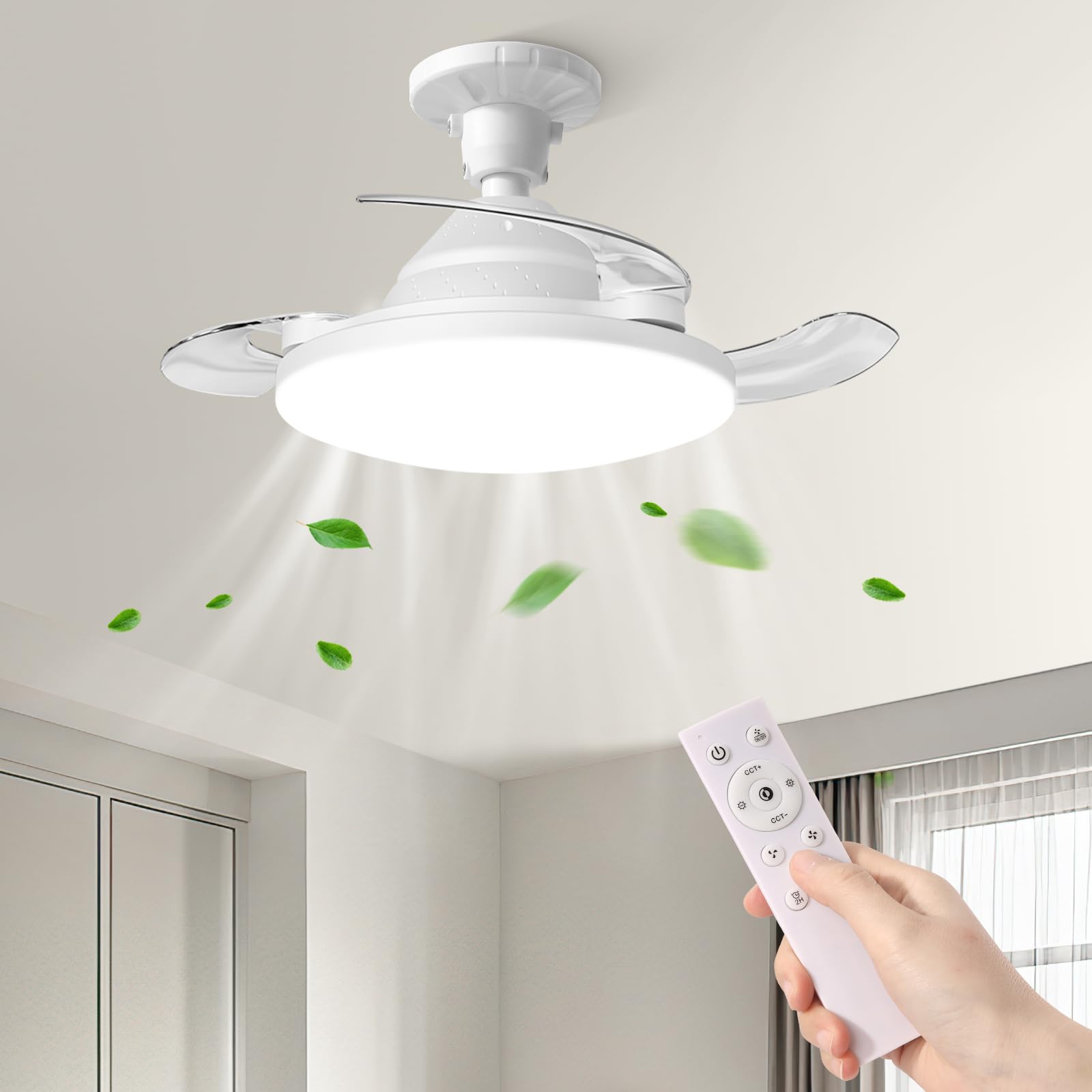 YISUN Ceiling Fan with LED Light, E27 Ceiling Fan Lamp with Light and Control, Silent Spider with Invisible Retractable Blades, 3 Colours Adjustable, Timer, 3 Speeds, White