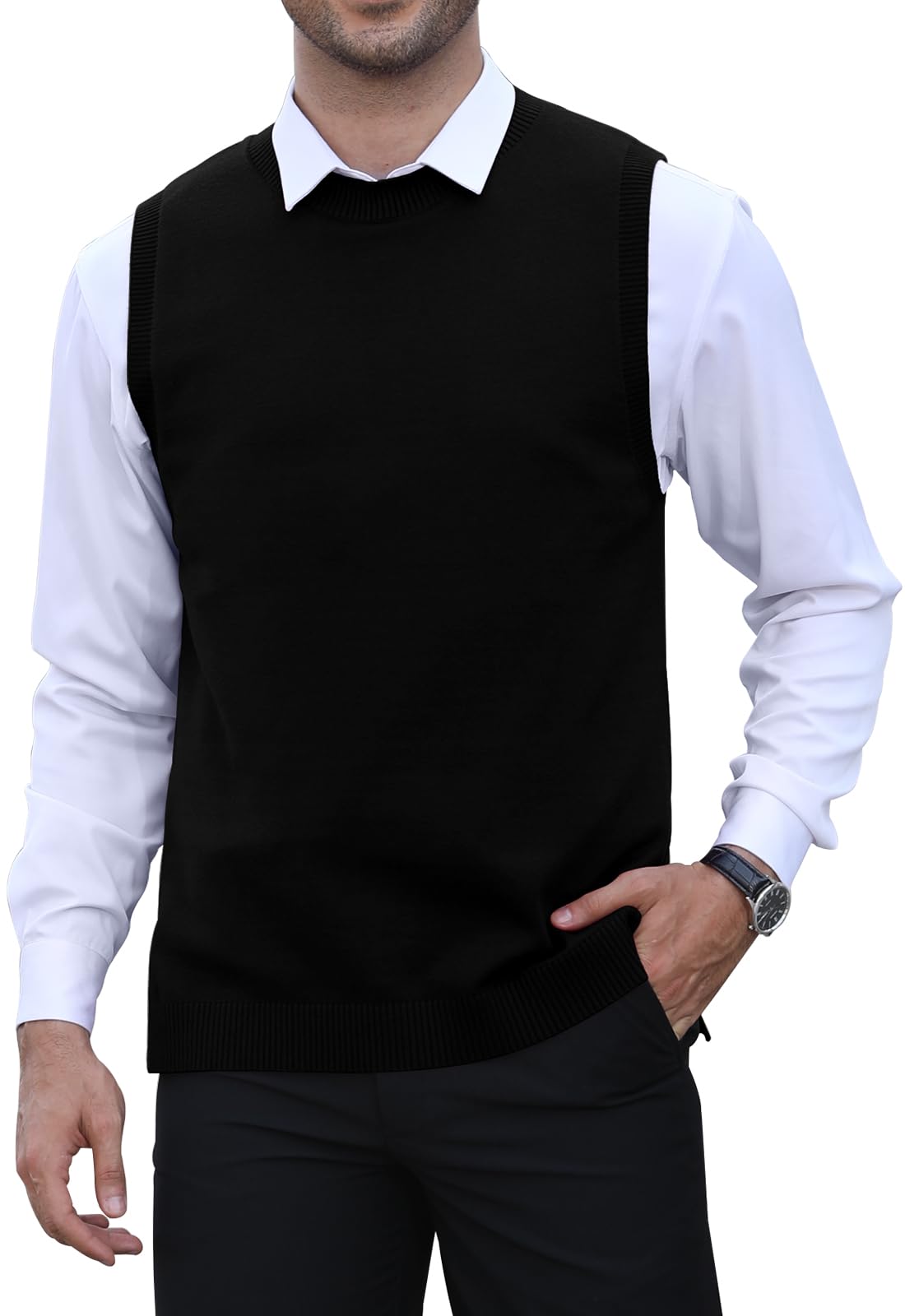 KUYIGO Chaleco sin mangas clásico para hombre, cuello redondo, tejido de punto, cárdigan, camiseta sin mangas