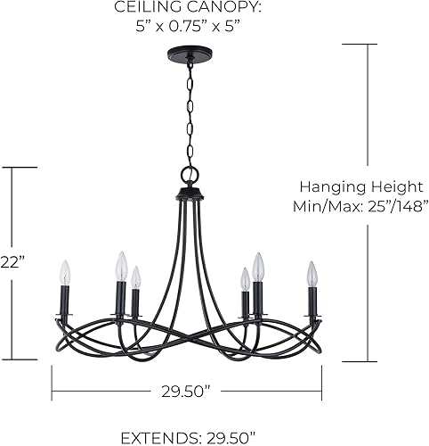 Miniatura 7 de Capital Lighting 431661MB Sonnet - Candelabro con marco de metal, 6 luces, 360 vatios totales, 22 pulgadas de alto x 30 pulgadas de ancho, negro mate