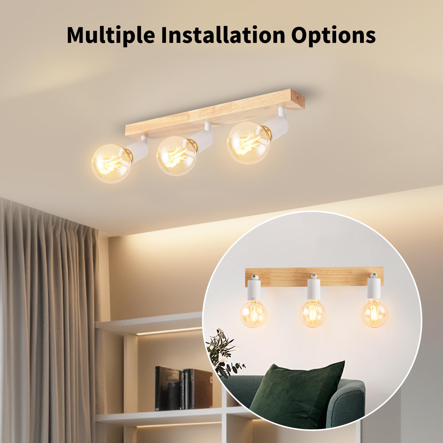 LVWIT Lampa sufitowa LED E27 z 3 reflektorami, białe oświetlenie wewnętrzne, drewniana lampa sufitowa z prostokątną podstawą, lampa ścienna do sypialni, żyrandol kuchenny (bez żarówek)