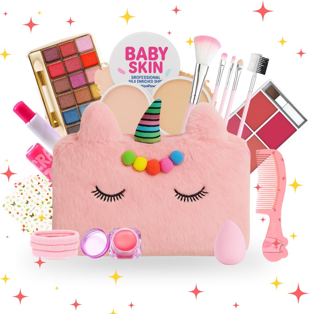 Real Makeup Kit for Girls & Teens – 21 PCS Safe & Washable Beauty Set with Unicorn Pink Bag – Non-Toxic Cosmetics for Ages 7–16 – Gift Set with Brushes, Lip Gloss, Blush & More-image-46
