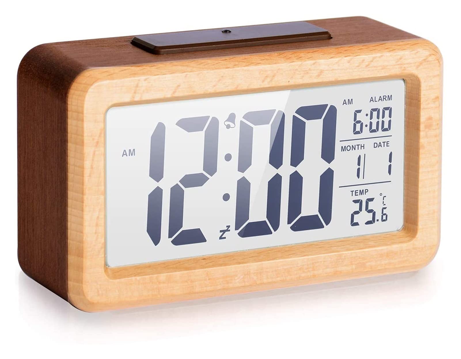WTL Despertador Reloj de alarma digital Electrónica de madera Reloj de alarma con luz de fondo transparente, Sensor inteligente Luz de noche con snooze, fecha, temperatura, cubierta de roble macizo, o