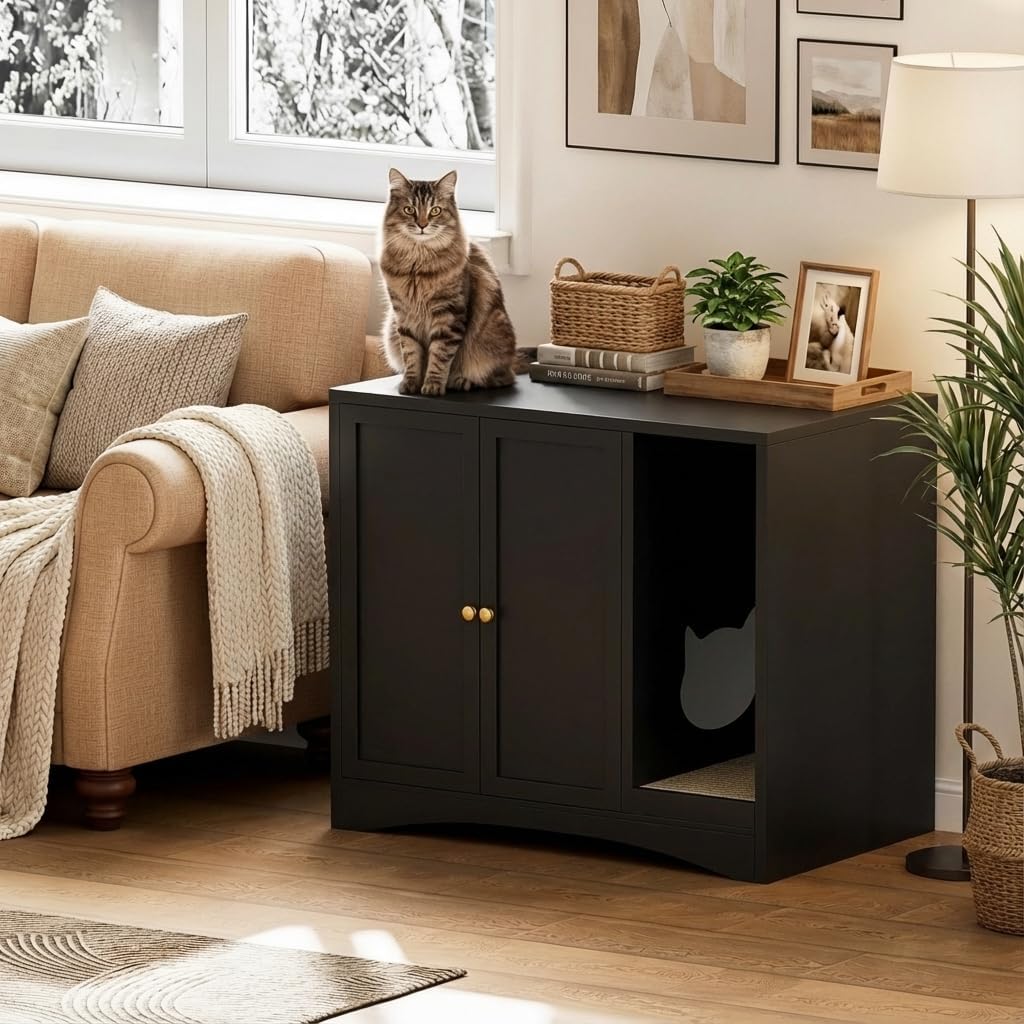 AUN Cat Litter Box Enclosure Hidden Cabinet, Easy Clean Steel Frame Pet House Furniture, Cat Washroom with Curved Entry, Dog-Proof, Black, 31.5x19.6x27.5 Inches, Indoor Use