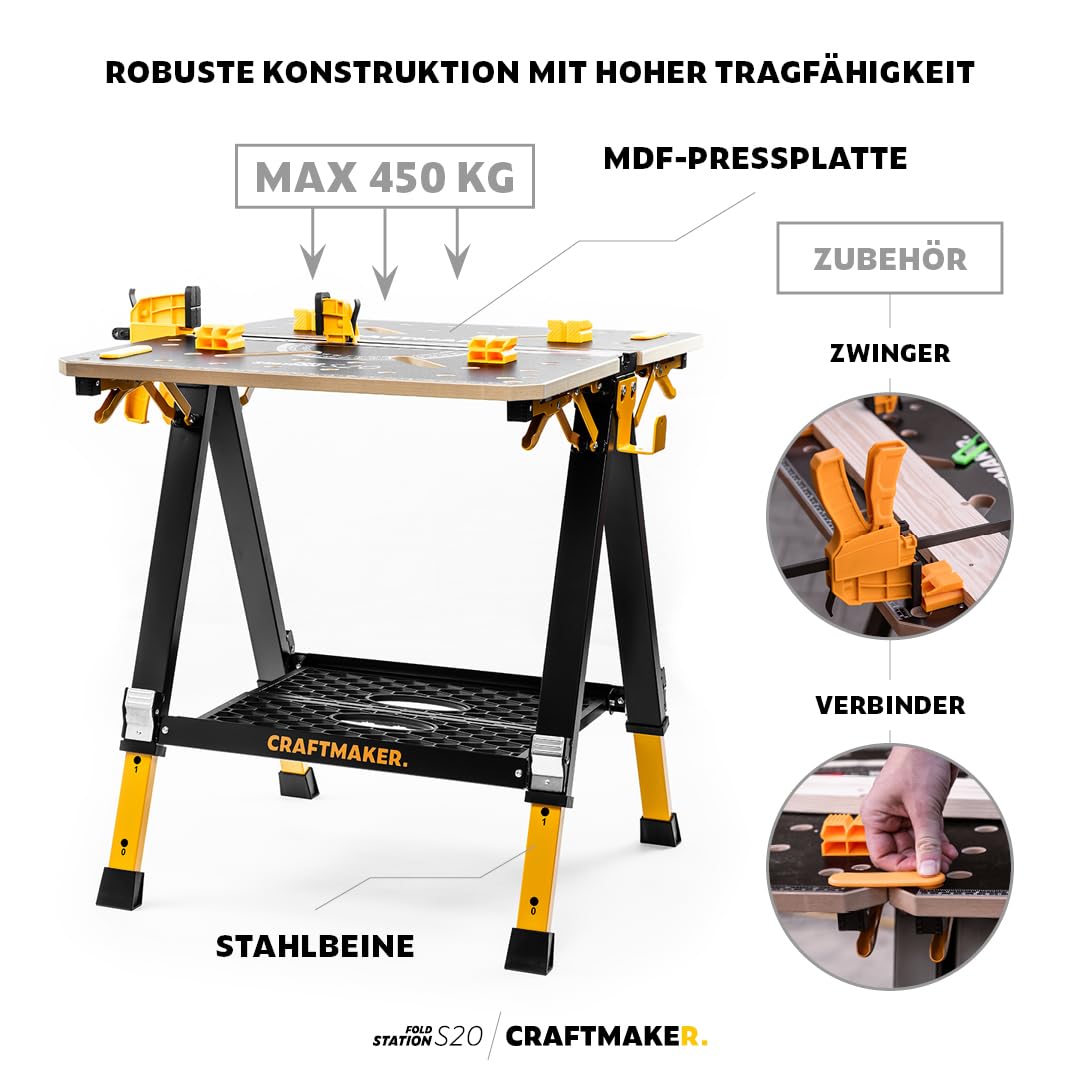 Klappbare Werkbank mit Arbeitsbockfunktion, höhenverstellbare Stahlkonstruktion, geeignet für schwere Arbeiten, inklusive Zubehör