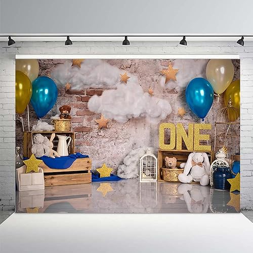 MEHOFOTO - Telón de fondo para estudio fotográfico de un cumpleaños, globos y estrellas de nube, decoración retro para fiesta de primer cumpleaños,