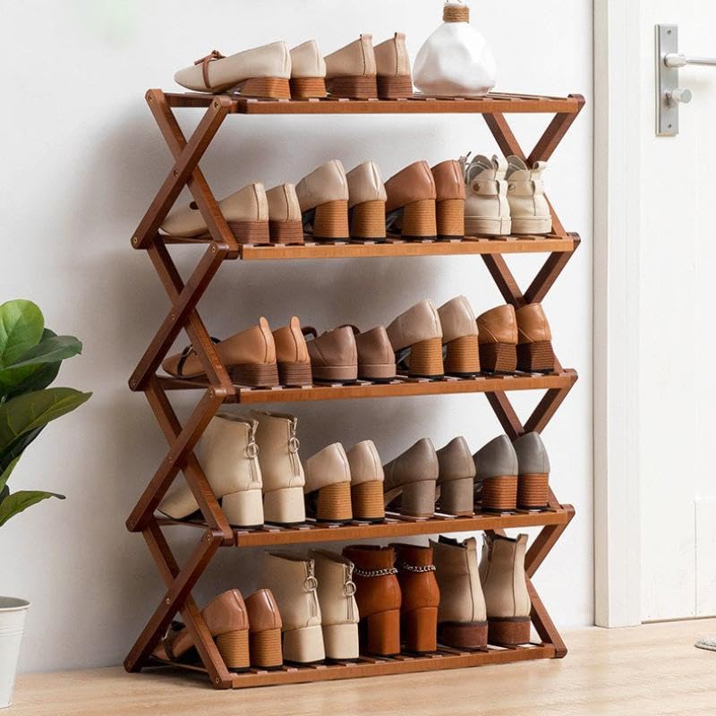 Gelory Bamboo Folding Shoe Rack,Portable Wooden Shoe Storage Rack,Without Installation Small Shoe Rack Perfect for Corridors, Bedrooms and Small Spaces (Brown-5 Tier)
