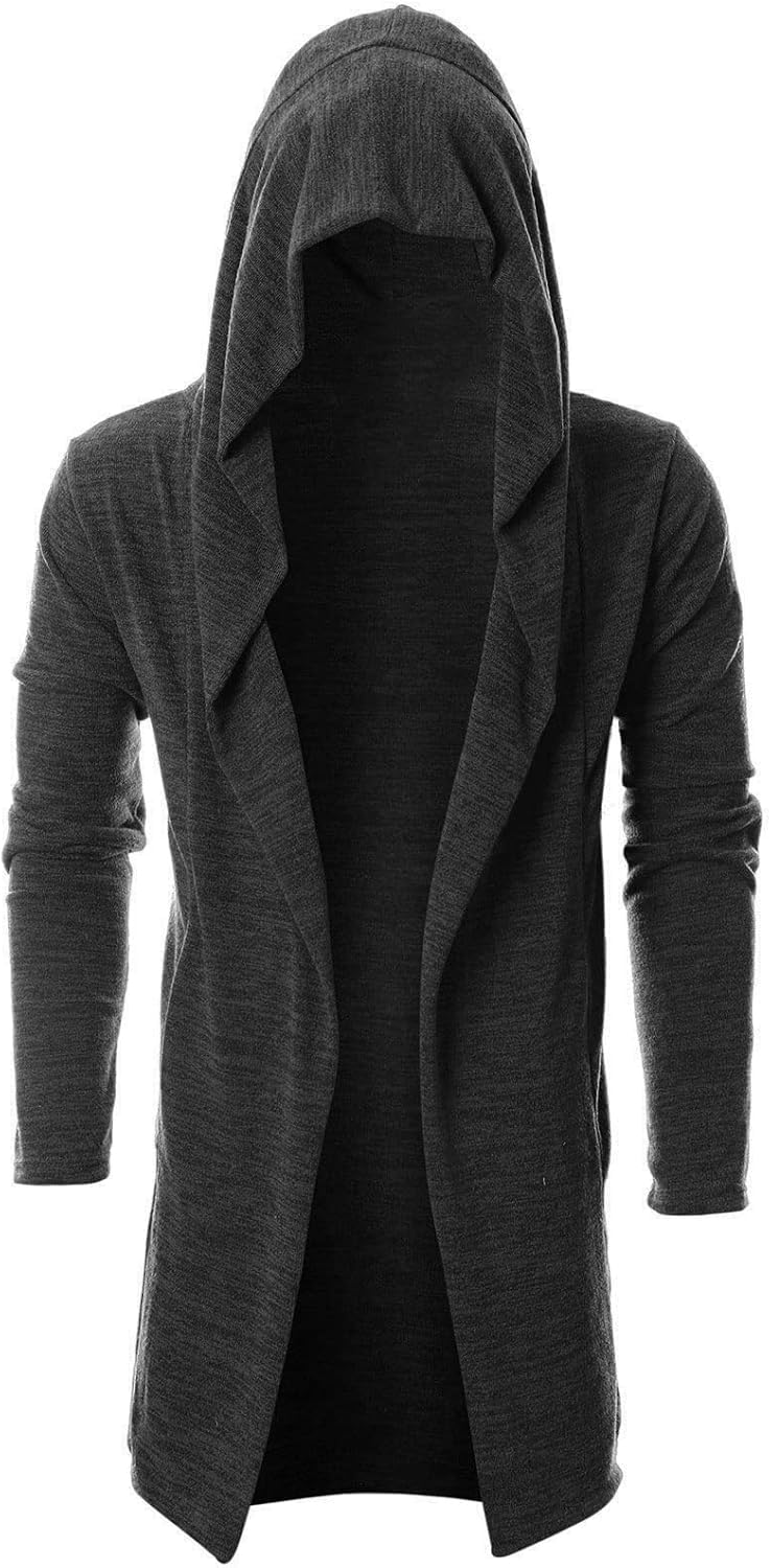 nemoux Mens Longline Hooded Cardigan with Ruffle Shawl Collar, Black Wool Blend Cape Overcoat, Open Front Drape Design, Winter Casual Streetwear-picture-24