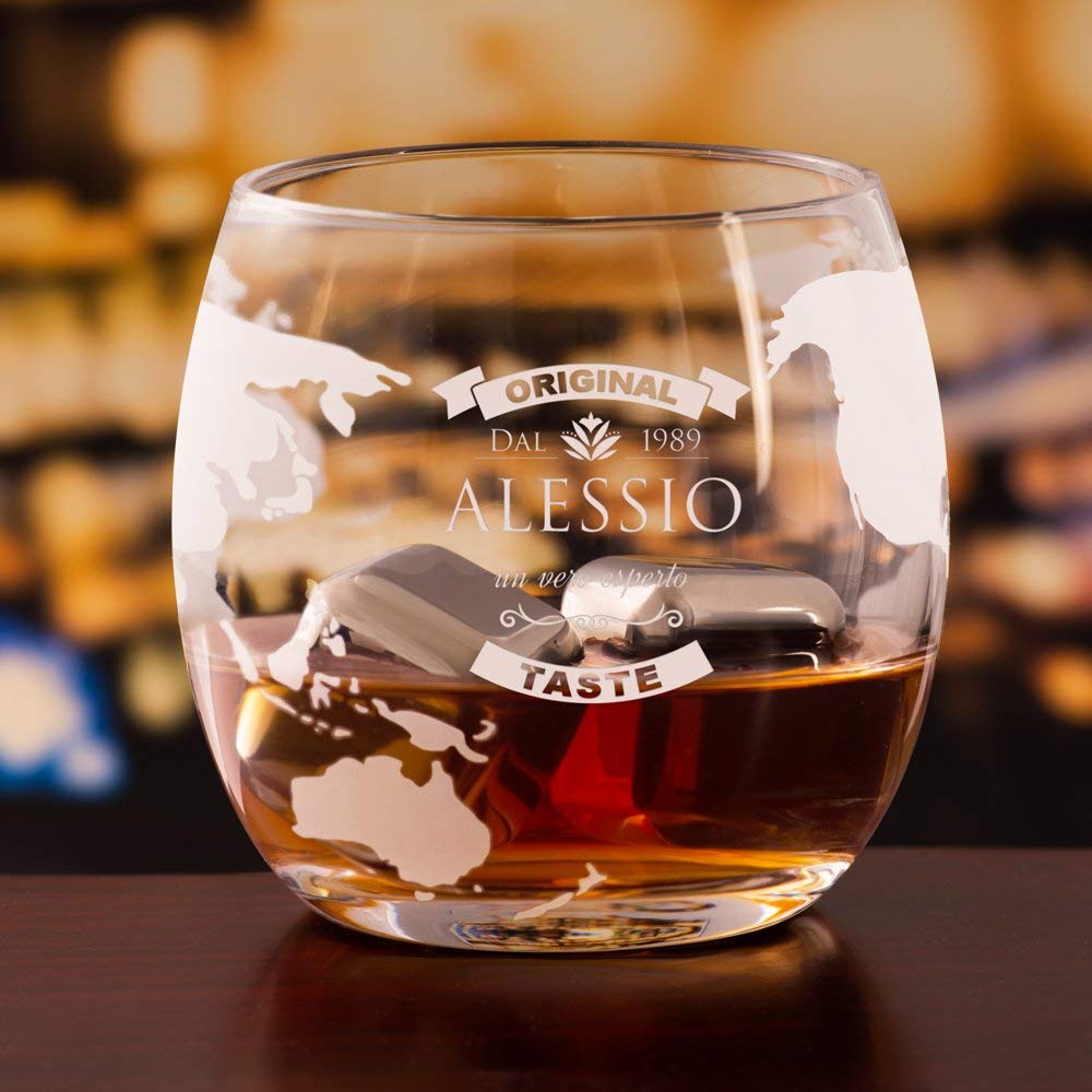 Set Decanter Whisky Maverton A Forma Di Mappamondo 850ml + 4 Bicchieri - Incisione Personalizzata, Idea Regalo