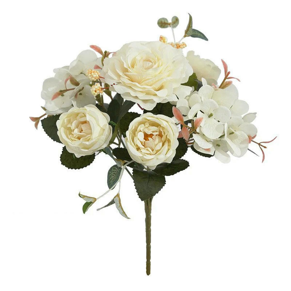 Ayhtud White Artificial Flowers Retro Silk Rose Bouquet Hydrangea Peony Vintage Bride Holding Fake Plants Home Wedding Decoration Accessories