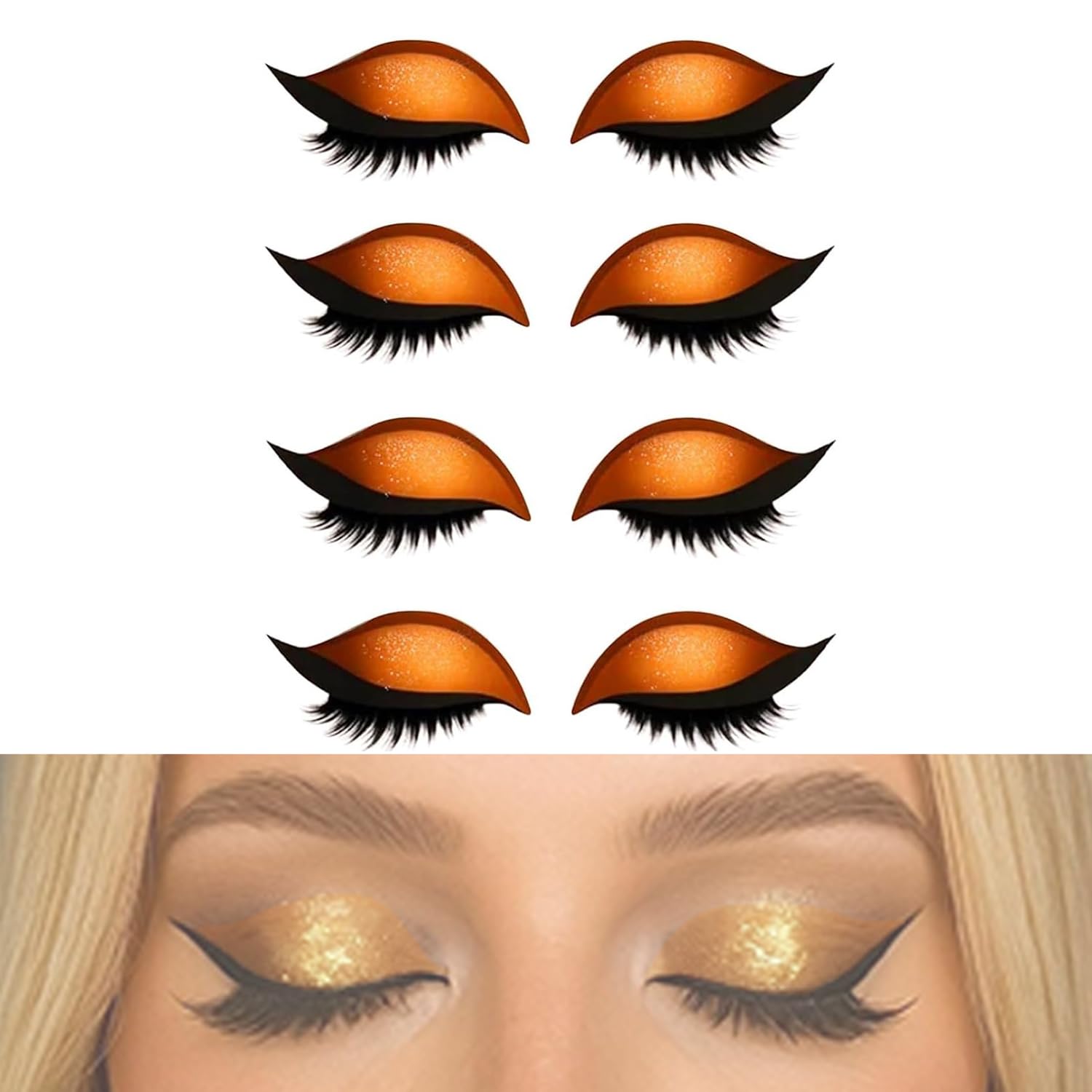 2025 New Fast Eye Makeup Stickers - 3D Waterproof Lazy Eyeshadow Eyelash Patch, 2-in-1 Self-Adhesive False Lashes for Party & Prom 4 Pair (Orange)