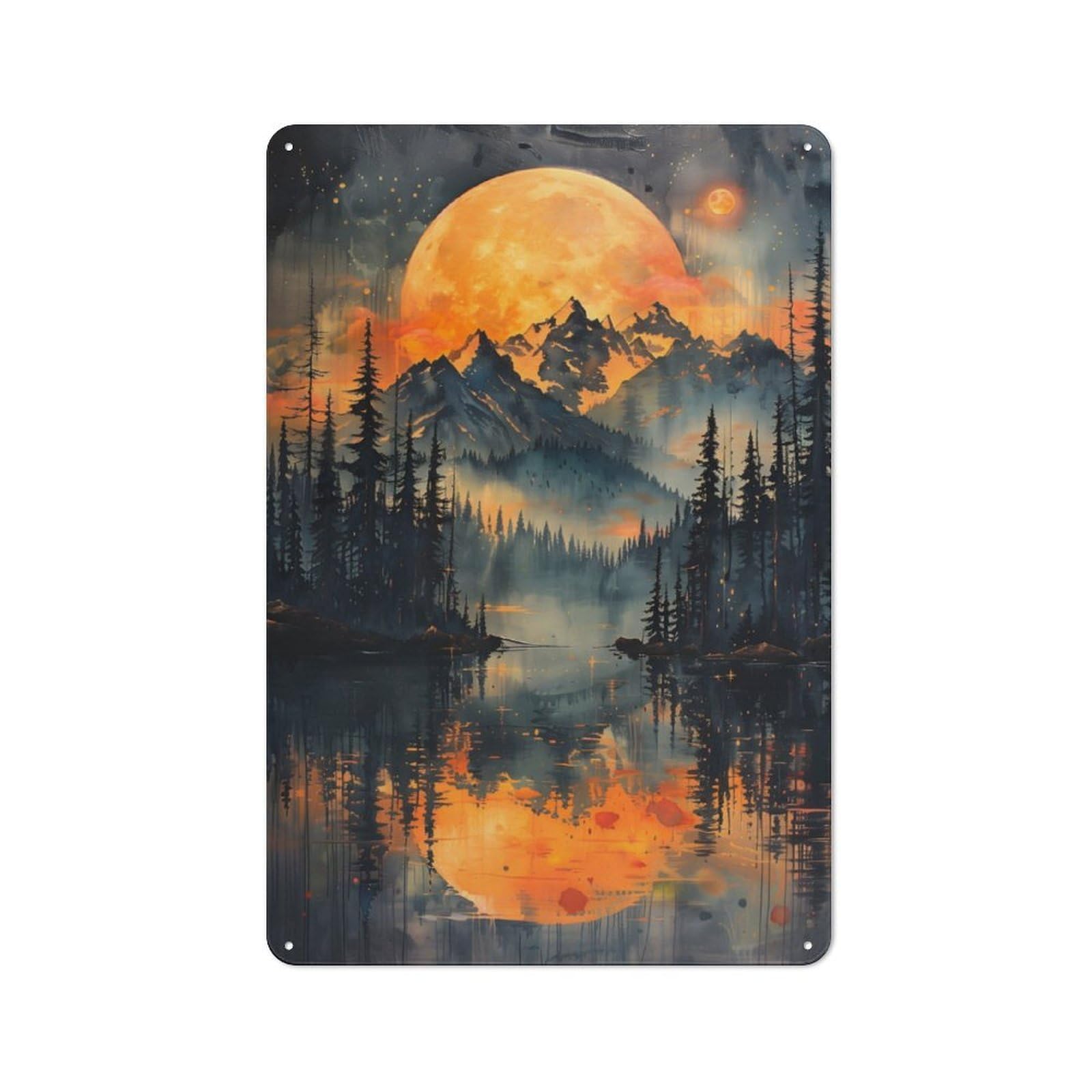 Junmoney Orange Moon Over Mountains Rustic Metal Sign 30X20cm Featuring For Garage Wall, Suited To Garage Decor Collectors