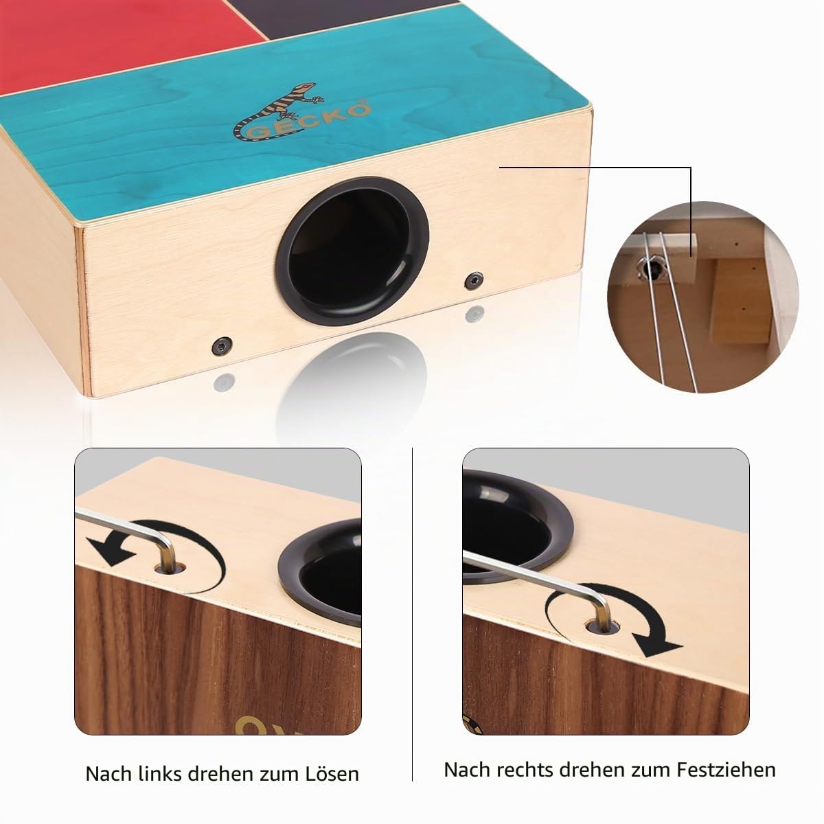 GECKO Cajon Drum Dual Sided Wooden Cajon with Bongo and Guitar String Sounds Portable Hand Percussion for Beginners and Professional Drummers - Birke und Walnuss mit Tragetasche
