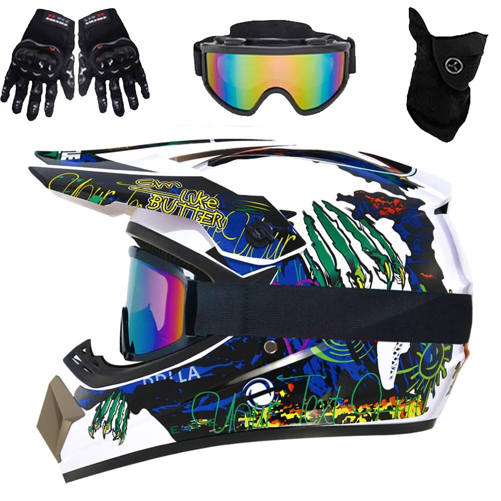 Casco ATV Per Ragazzi con Visiera, Per Moto da Cross Elettrica, Per Bambini Dagli 8 Ai 14 Anni, Casco da Motocross Con Occhiali, Guanti E Maschera, BMX, Mountain Bike, Omologato DOT