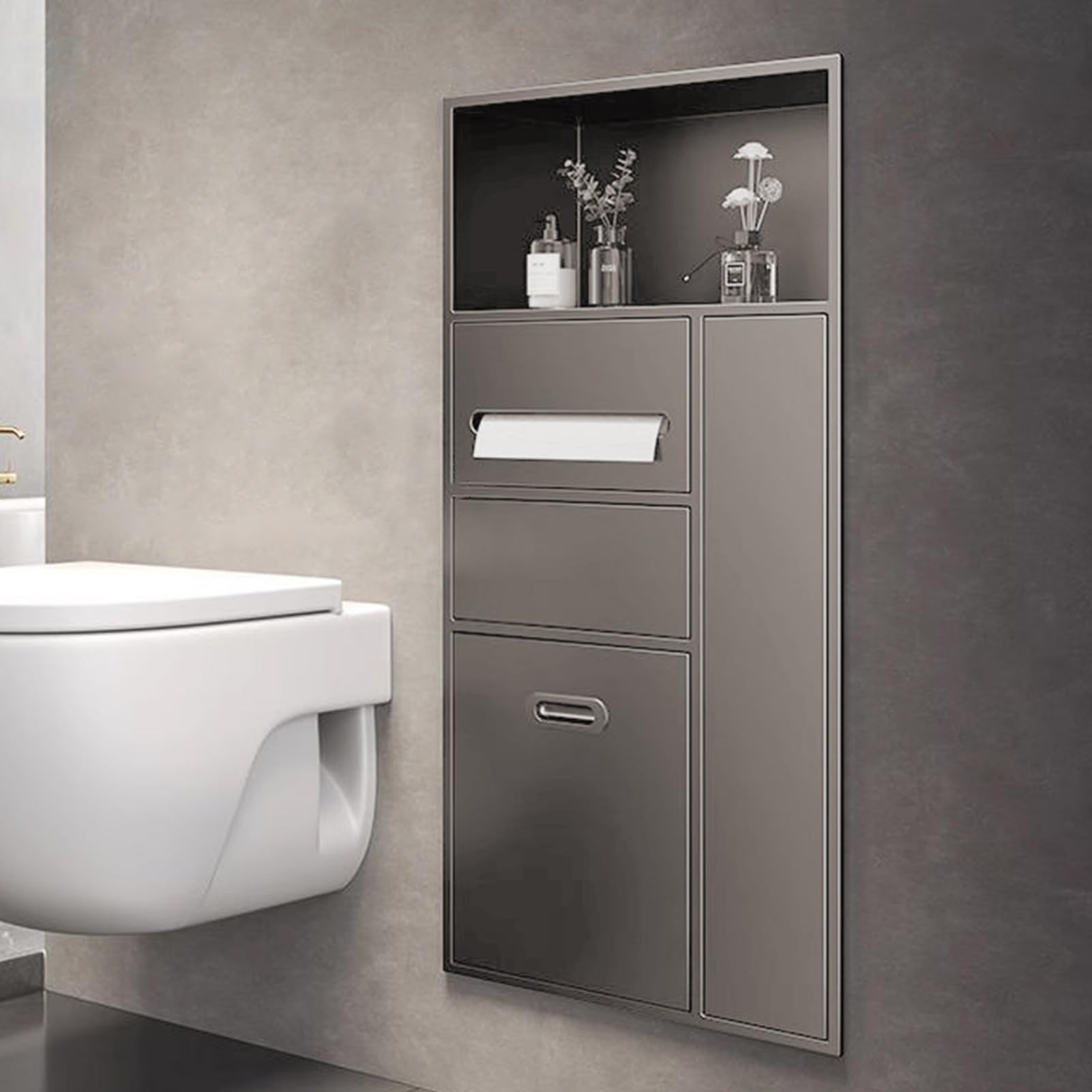 TIANQIHAO Stainless Steel Wall-Mounted Shower With Paper Towel Dispenser & Trash Can, Bathroom Sto Nizer & Toilet Brush Holder - Grey,Gris