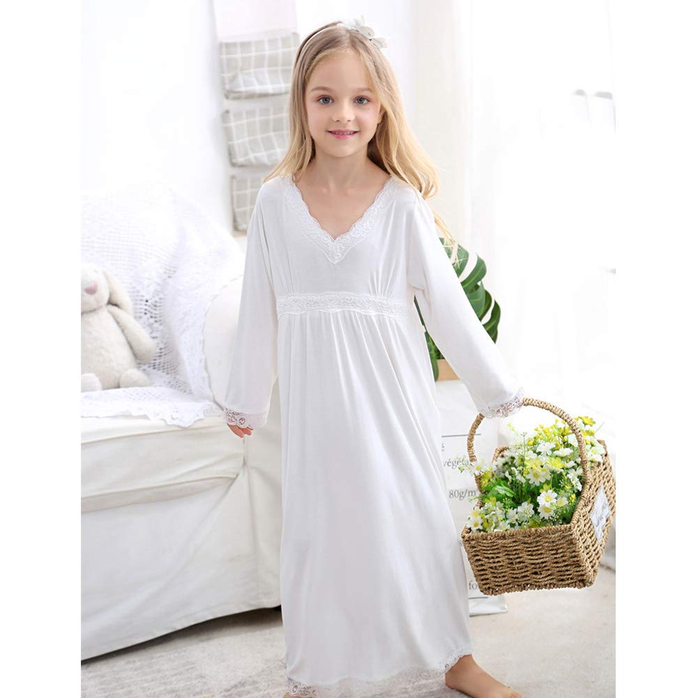 Chemise de Nuit Enfant，Pyjama pour Fille 3-13ans Robe de Nuit à Manches Longues en Dentelle en Coton pour Enfant