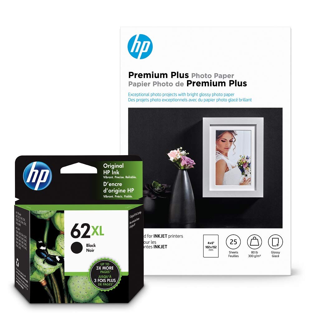 HP 62XL Black Ink + HP Premium Plus Photo Paper, Glossy, 25 Sheets, 4x6