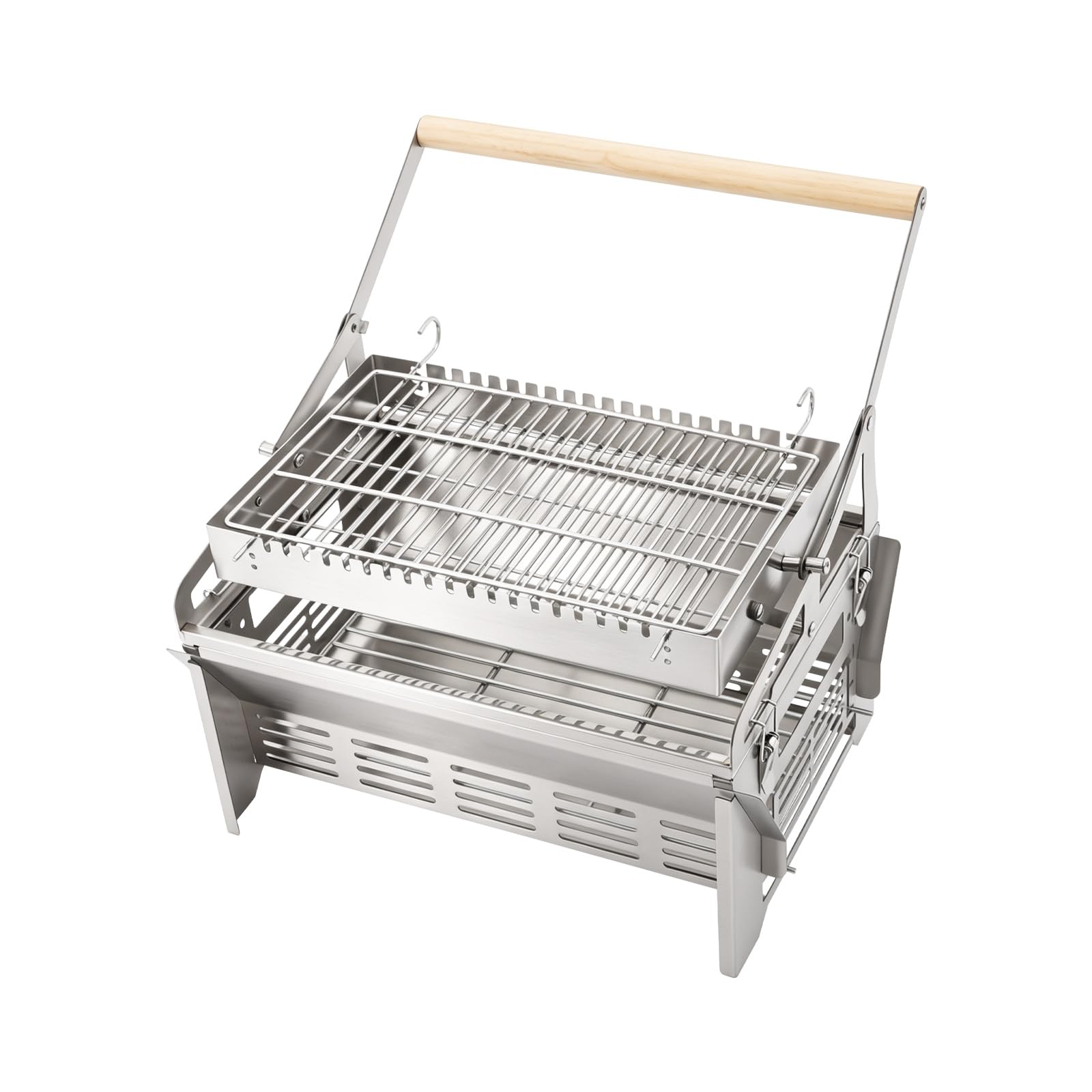 Barbacoa de carbón vegetal giratoria 360°, 2 en 1, de acero inoxidable, 43 x 28 x 39 cm | Tamaño de la parrilla: 22,6 x 36 cm, desmontables y portátiles, barbacoa plegable para camping, picnics, fiestas en el jardín