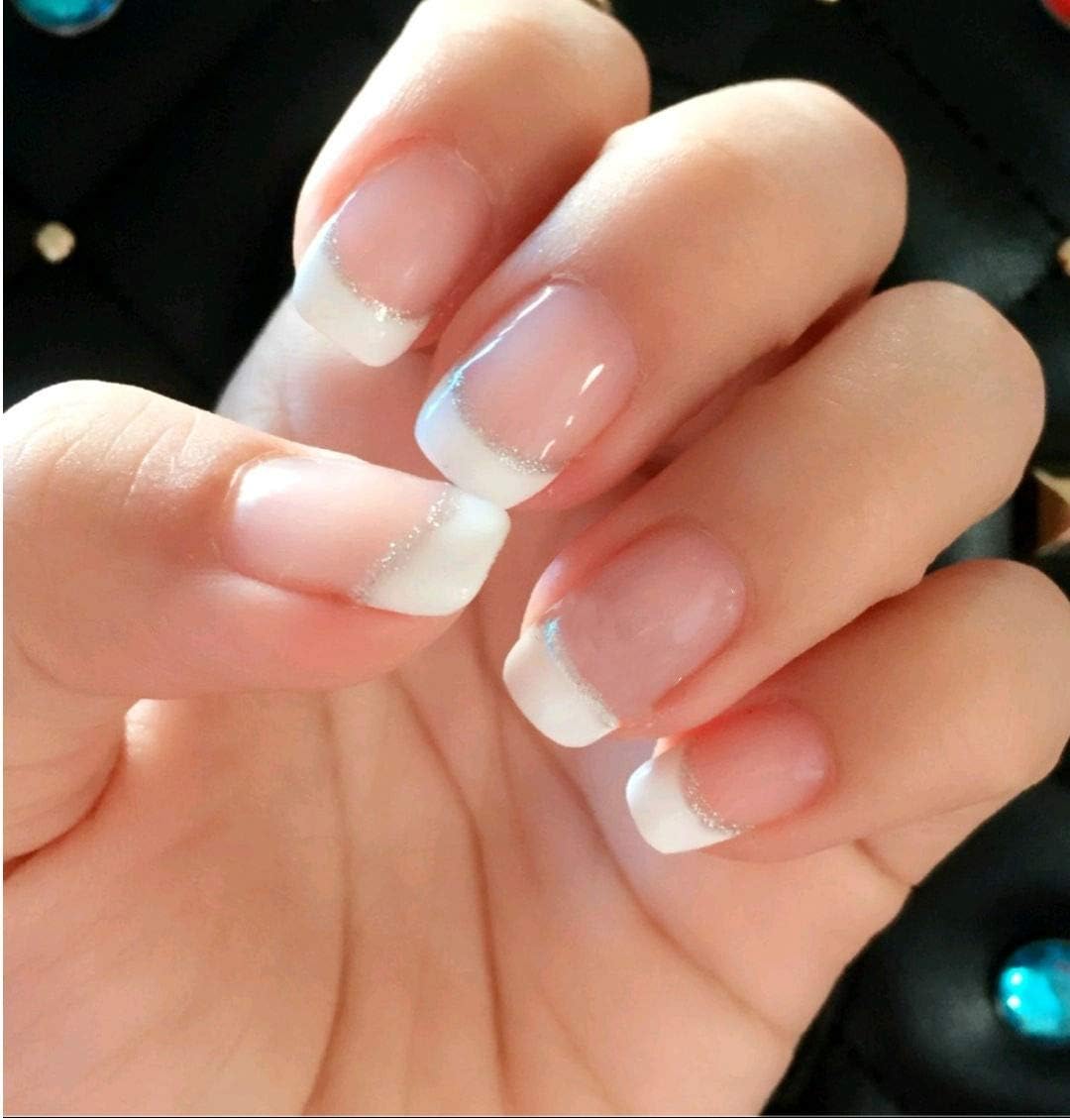 24 Pcs Set Silver Line Pink French Short Chic Press On Nails False Nails Fake Nail Tips Nail Art Manicure with Glue and Adhesive Tab