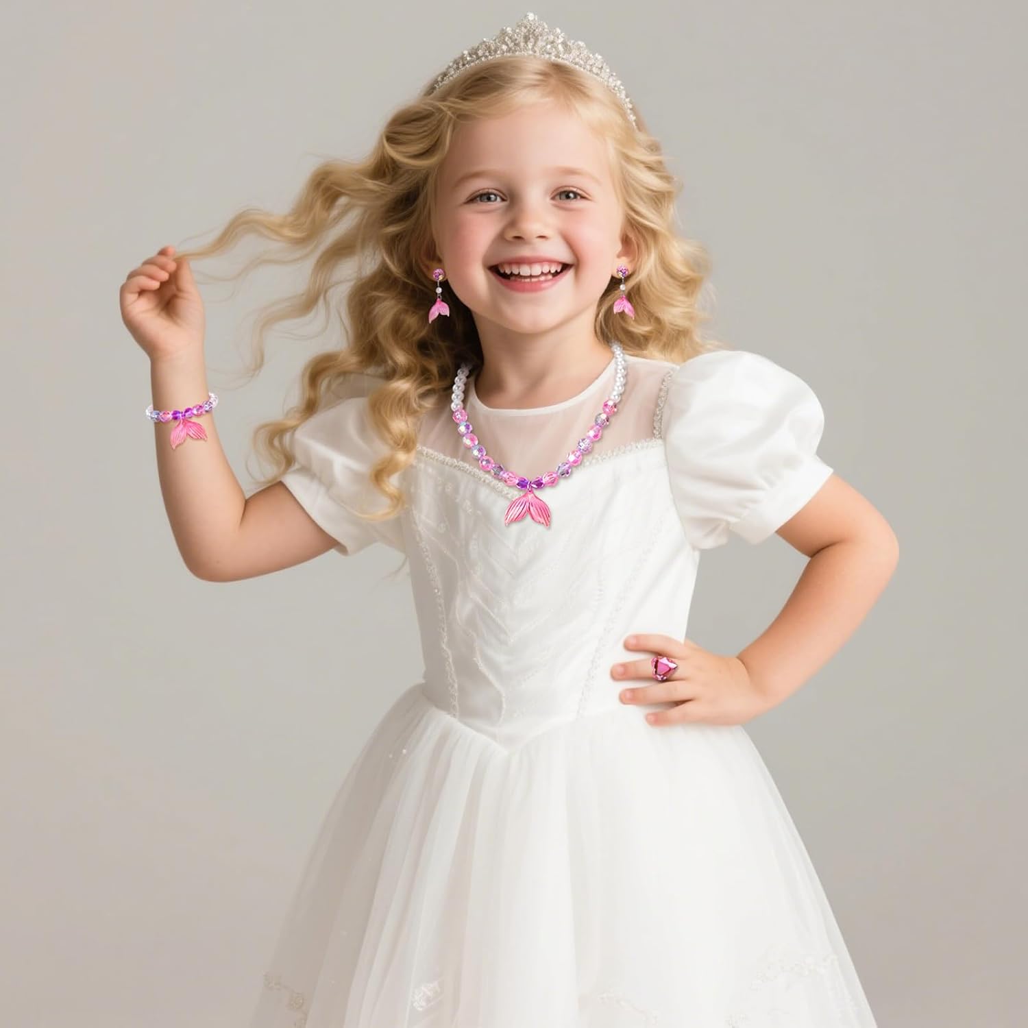 Princess Jewelry for Little Girls, 5 Piece Mermaid Tail Jewelry Set, Stretch Necklace Bracelets Rings and Clip on Earrings, Perfect for Dress Up, Birthday Parties, Costume Play - Image 3