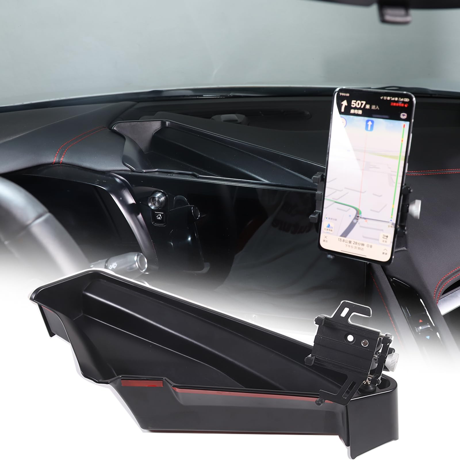 Sekhyna Navigation Screen Back Storage Box Compatible Chevrolet Corvette C8 2020-2024,Dash Organizer Tray,Center Console Phone Insert Auxiliary Storage Tray Interior Accessories (with Phone Mount C)