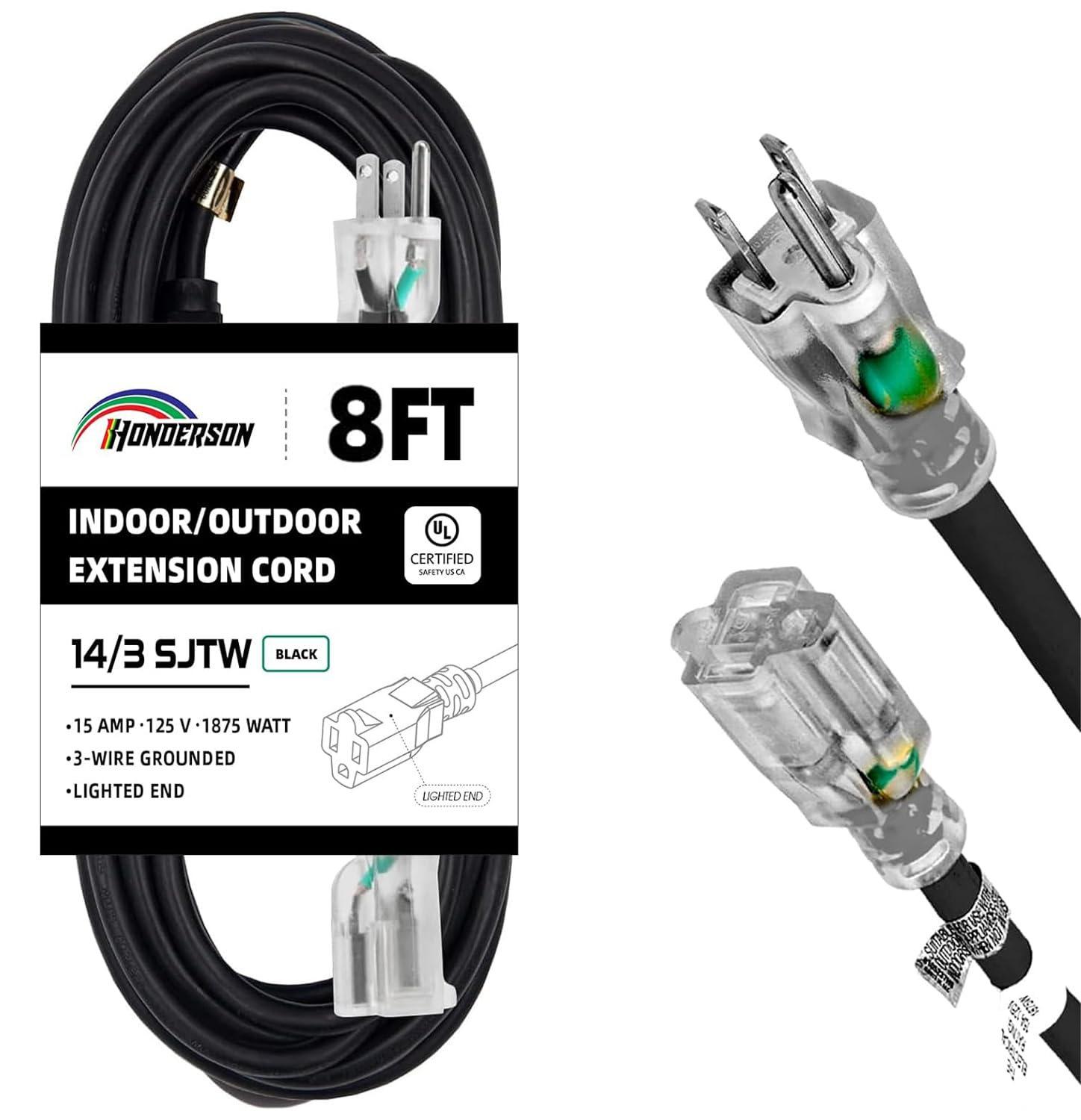 Cavo di prolunga per esterni illuminato, 2,3 m, calibro 14/3, resistente, nero a 3 pin, con spina a 3 pin per la sicurezza, certificato UL