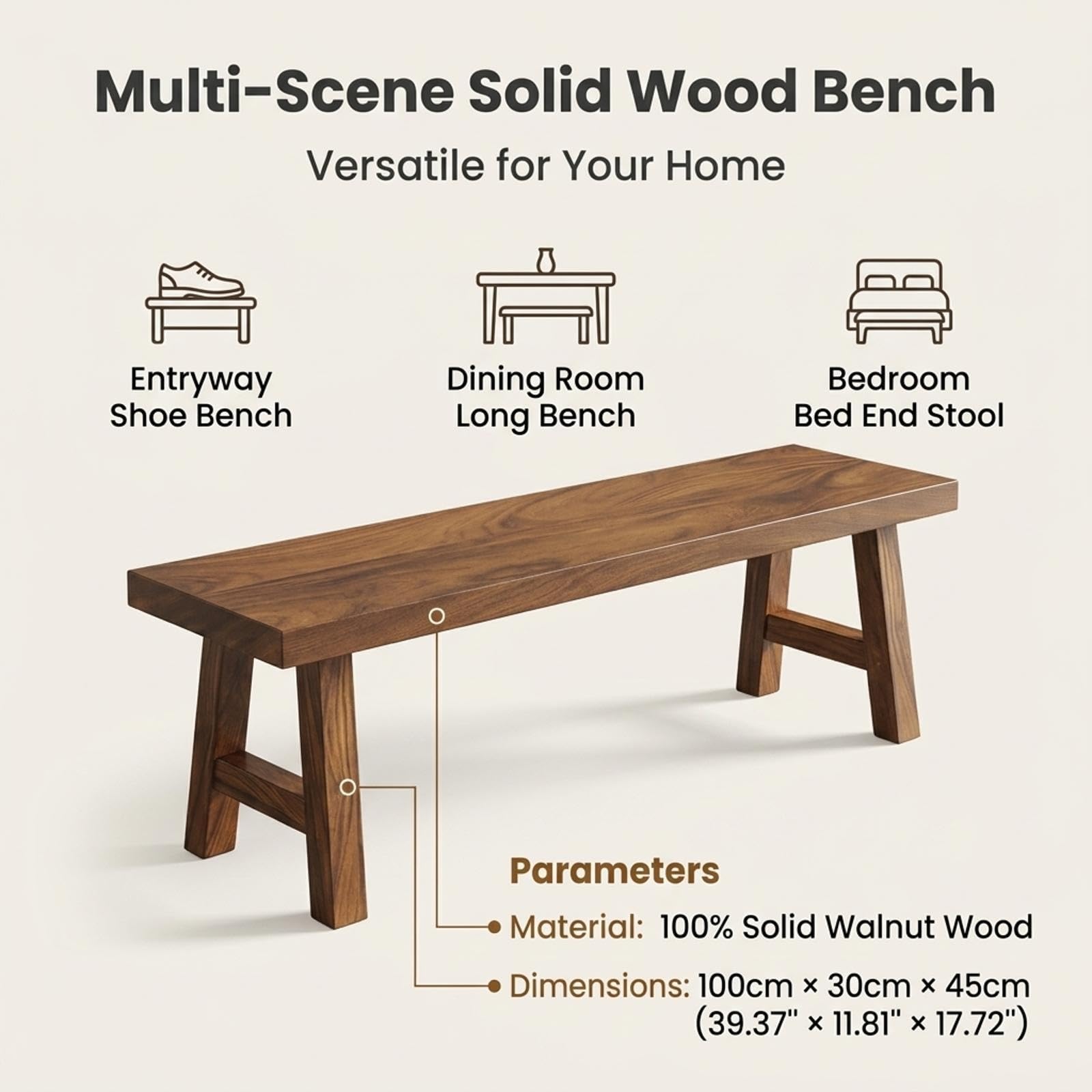 Banc d'Entrée en Bois Massif, Style Minimaliste, Banc de Lit Robuste