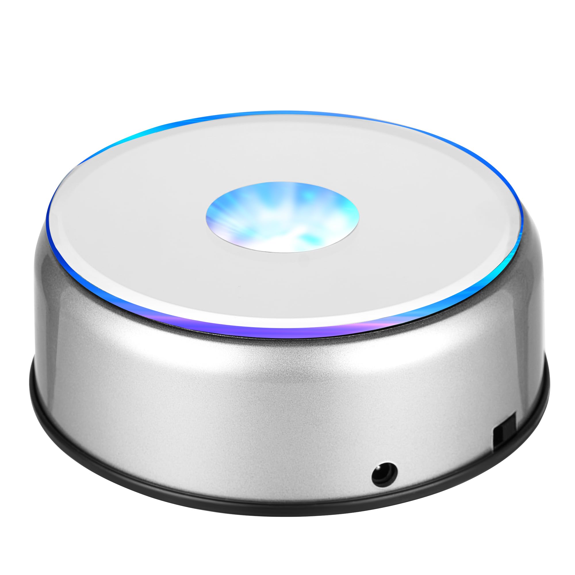 EUSTUMA Rotating LED Display Base Colorful Light Crystal Display Base Stand,Lighted Up Stand Color Changing Small LED for 3D Glass Crystal Art,Holiday Party Decoration. (A-Silver-Multicolor)
