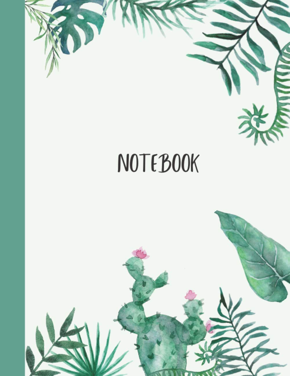Notebook Composition Wide Ruled: Green Leaves Watercolor Wide Blank Lines Workbook Journal Large Pages for Women Who Love Floral Cover to Write, Notes for Home Office and Business.