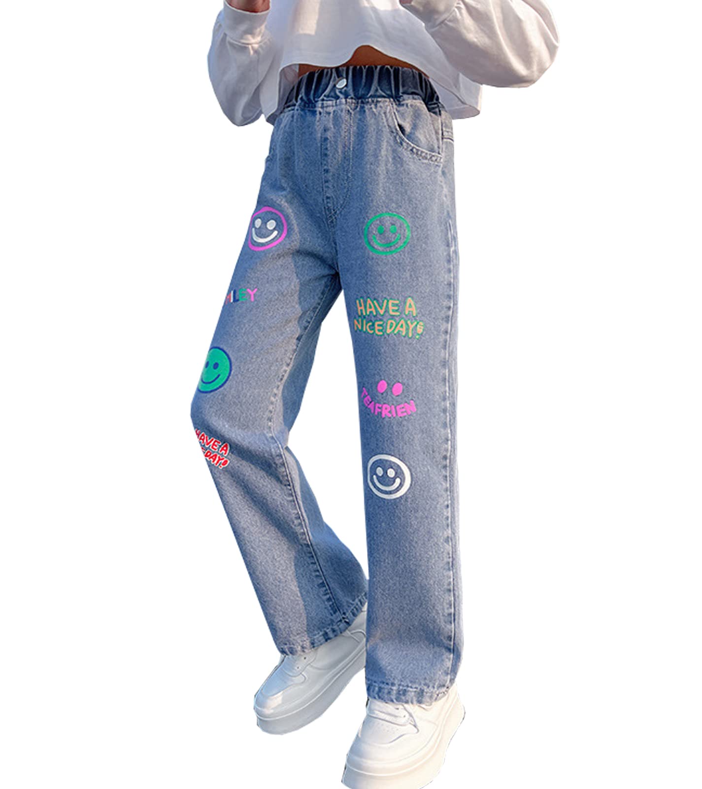 NABERKids Girls Casual Baggy Wide Leg Denim Pants Elastic Waist Casual Jeans Age 5-14