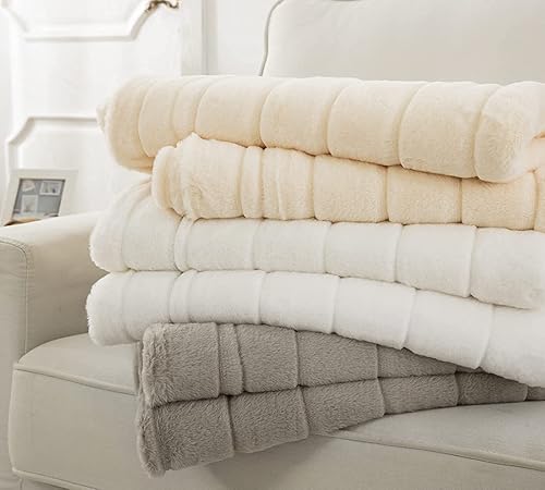 Miniatura 9 de Manta reversible ultrasuave de piel sintética, mullida para sofá de invierno, acogedora y cálida (50 x 60 pulgadas, blanco)