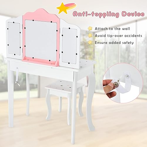 Miniatura 6 de Costzon Juego de tocador para niños con espejo, tocador de maquillaje de princesa 2 en 1 con parte superior desmontable, tocador para niñas pequeñas