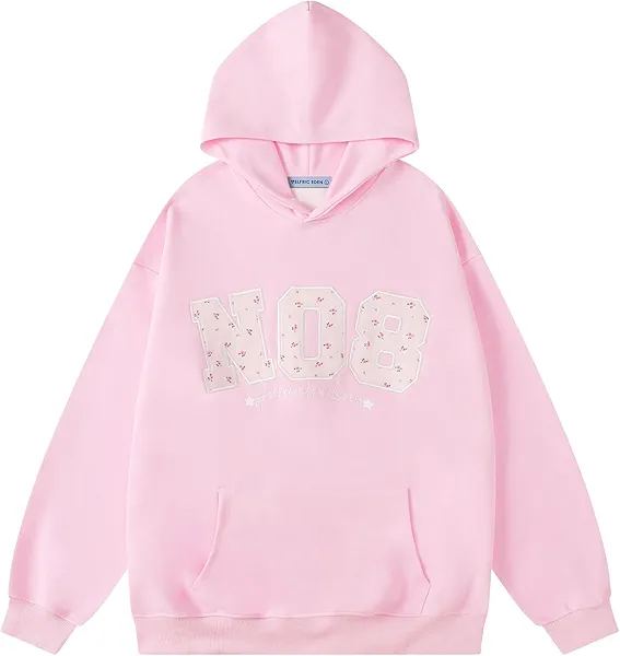 Aelfric Eden Womens Oversized Graphic Hoodies Y2k Flower Embroidery Number Print Pullover Hooded Sweatshirt Unisex Pink Large
