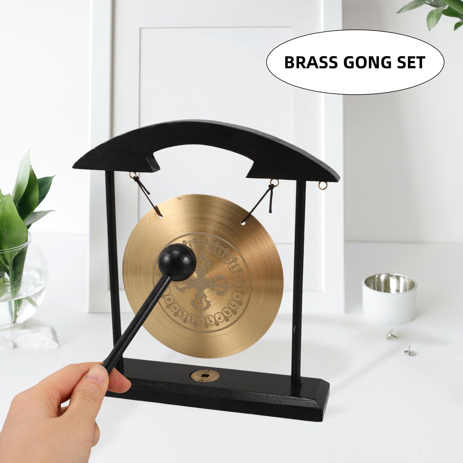 Gong Instrumento Feng Shui de Latón para Decoración de Mesa Que Aporta Sonido Relajante y Buena Suerte Hogar con Soporte y Mazo