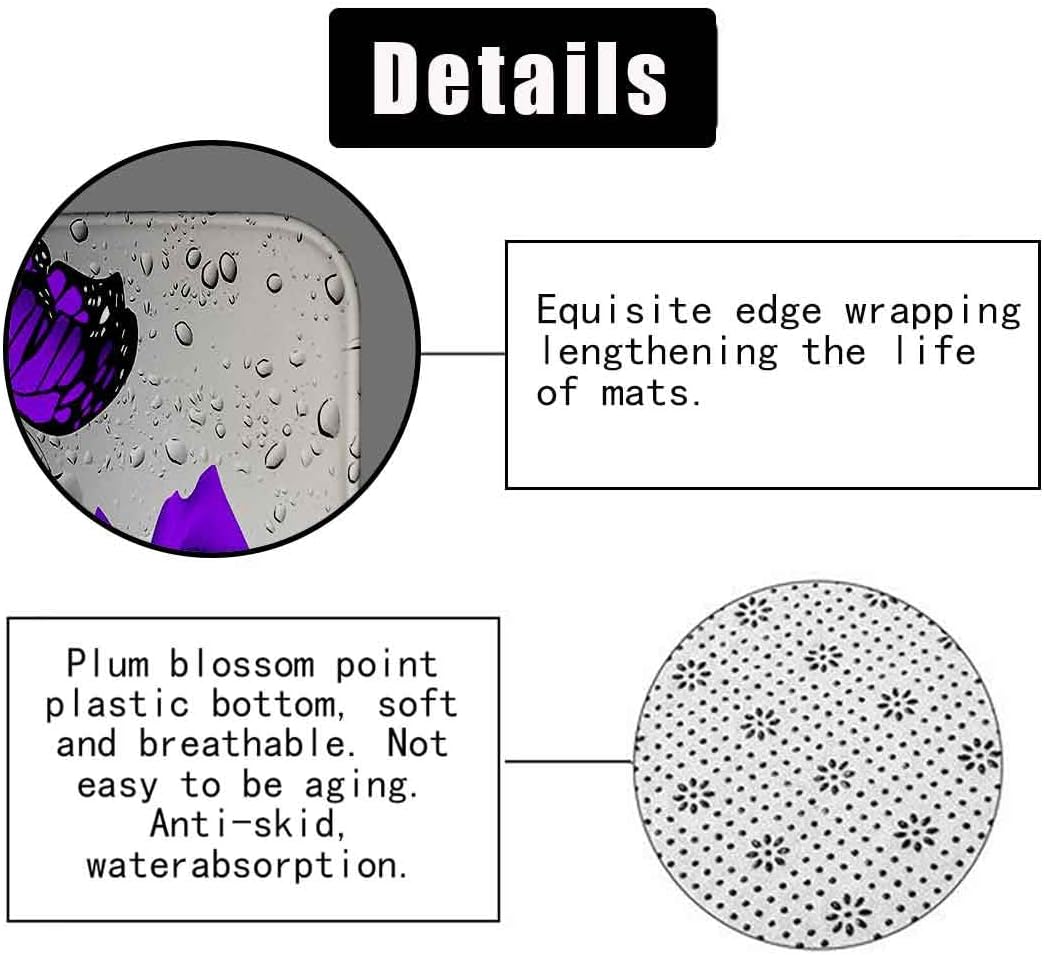 Fashion_Man 4PCS Purple Monarch Butterfly Floral Shower Curtain Sets with Rugs, Grey Shower Curtain, Raindrop Black Botanical Purple Rose Flower Modern Bathroom Decor, Non-Slip Bath Mat Bathroom Rugs