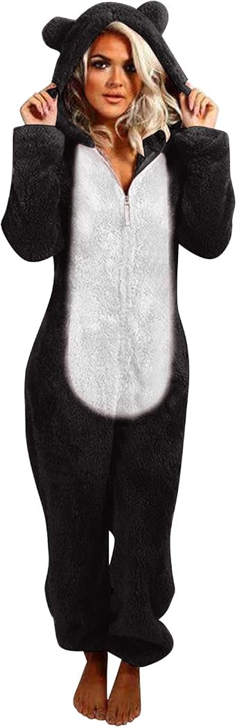 tuduoms Unisex Adult Bear Onesie Pajamas Christmas Sherpa Womens Cosplay Animal One Piece Costume Hooded Romper Jumpsuit
