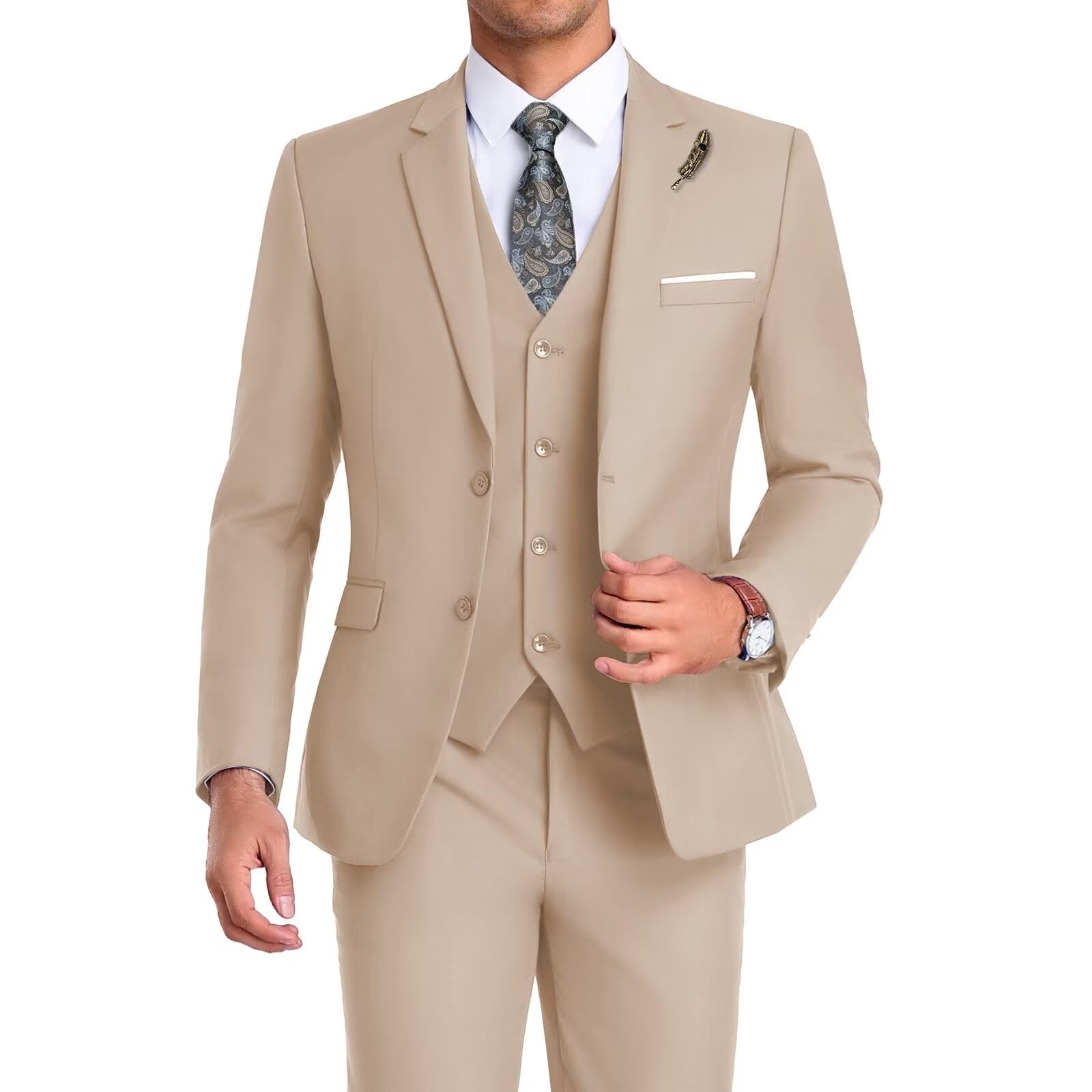 mrbuerly High-End Suits Prom Suit for Men 3 Pieces Slim Fit Beige Wedding Party Men Suit Blazer Vest Pants Groomsmen Tuxedos Notched Lapel-XXXL4842, 3X-Large-picture-23