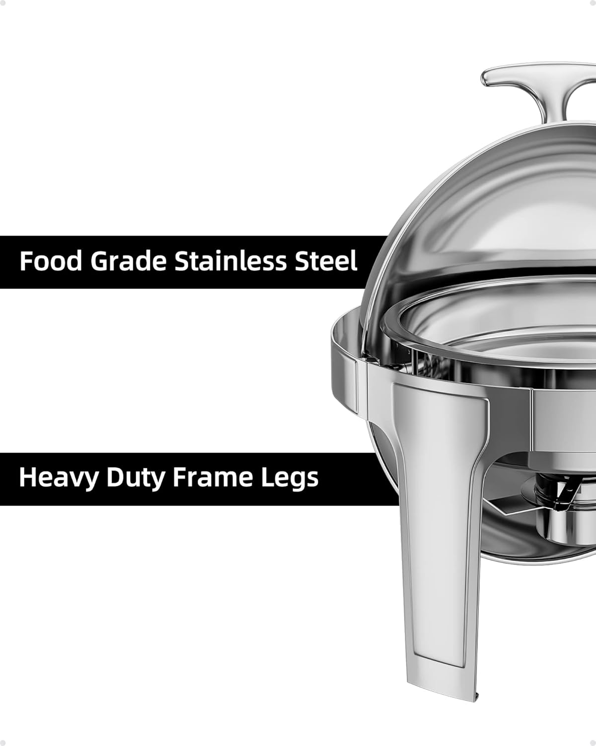 Roll Top Chafing Dish Buffet Set 6 QT,Stainless Steel Chafer Round Catering Food Warmer and Server with Lid Water Pan Stand Fuel Holder for Wedding,Parties,Events and Catering