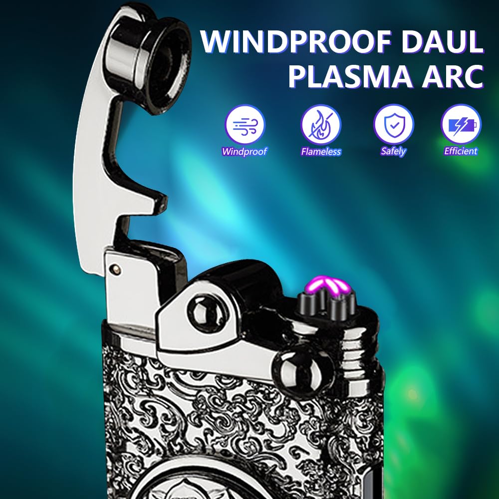 BABOBIU Briquet électrique rechargeable coupe-vent à allumage rapide avec double arc plasma et affichage de l'alimentation LED pour camping, pique-nique, chasse, sortie, aventure (noir)