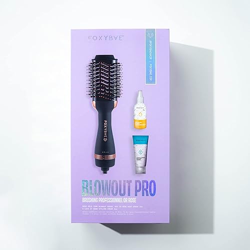FoxyBae Blowout Pro - Juego de regalo de oro rosa, incluye cepillo de secadora soplado de oro rosa, spray protector de calor UV Hot In Here