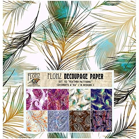 Decoupage Paper Pack (24 Sheets 6"x6") Peacock Feathers FLONZ Vintage Styled Seamless Pattern Paper for Decoupage, Craft and Scrapbooking Cover