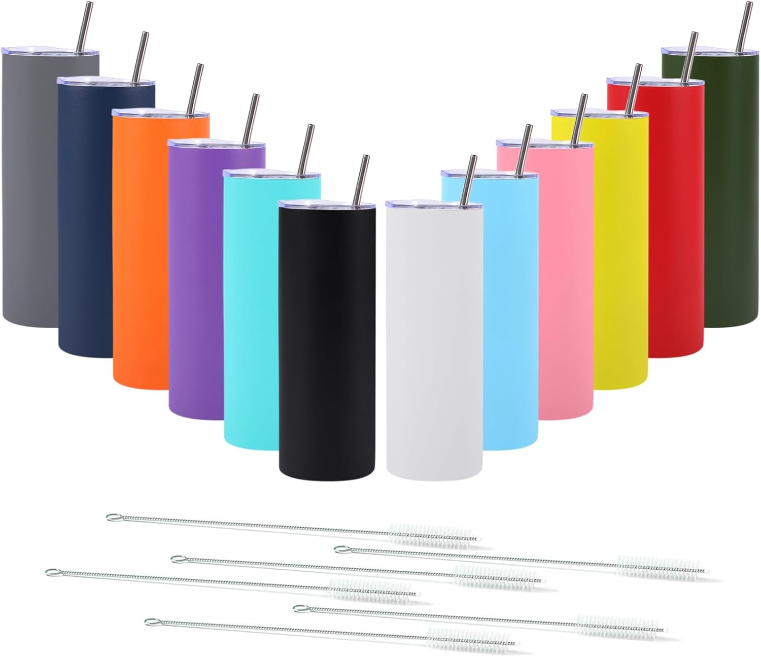8 Pack Skinny Tumblers with Straws and Lids, 20oz Powder Coated Stainless Steel Slim Tumbler Double Wall Vacuum Insulated Coffee Cups for Hot Cold Drink (Mixed color)