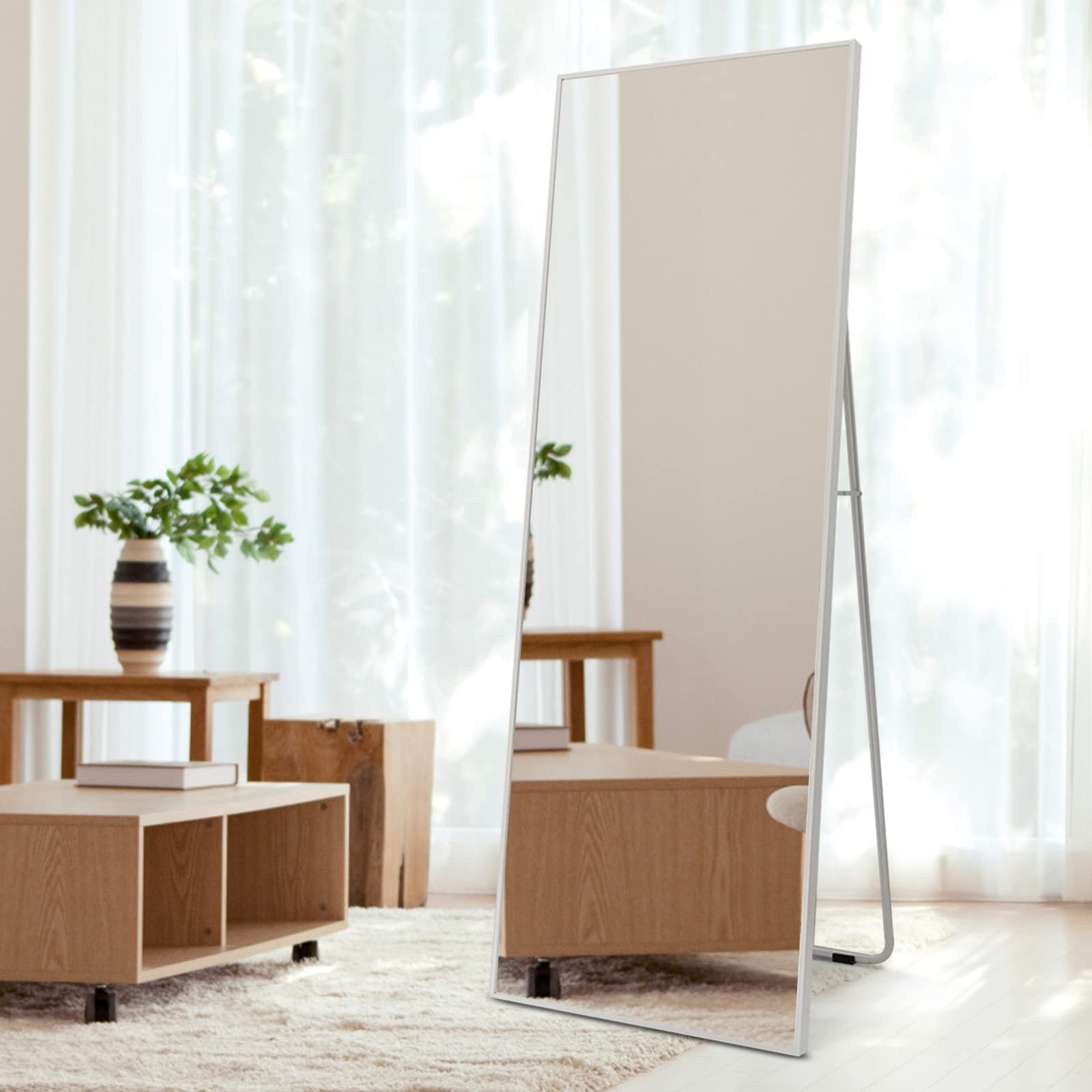 LFT HUIMEI2Y Full Length Mirror with Stand, 63"x18" Full Body Tempered Mirror, Hanging Mirror, Standing Large Wall Mounted Mirror for Bedroom or Living Room, Silver