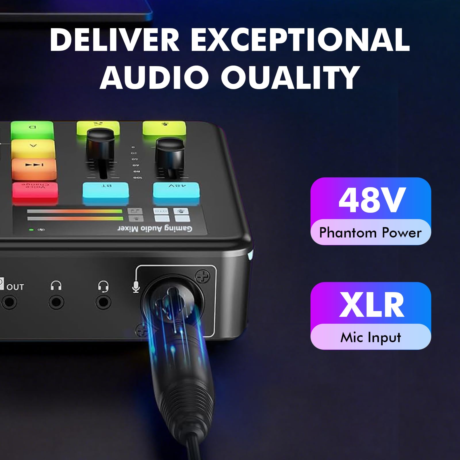 Mezclador de audio G1 Neo, mezclador de audio para juegos, tarjeta de sonido RGB para micrófono XLR, interfaz de audio para streaming, alimentación fantasma de 48 V, efectos de sonido personalizados