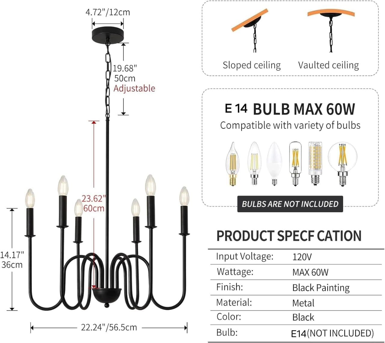 WOKE Black Metal Chandelier - 6 Light Modern Lamp -3