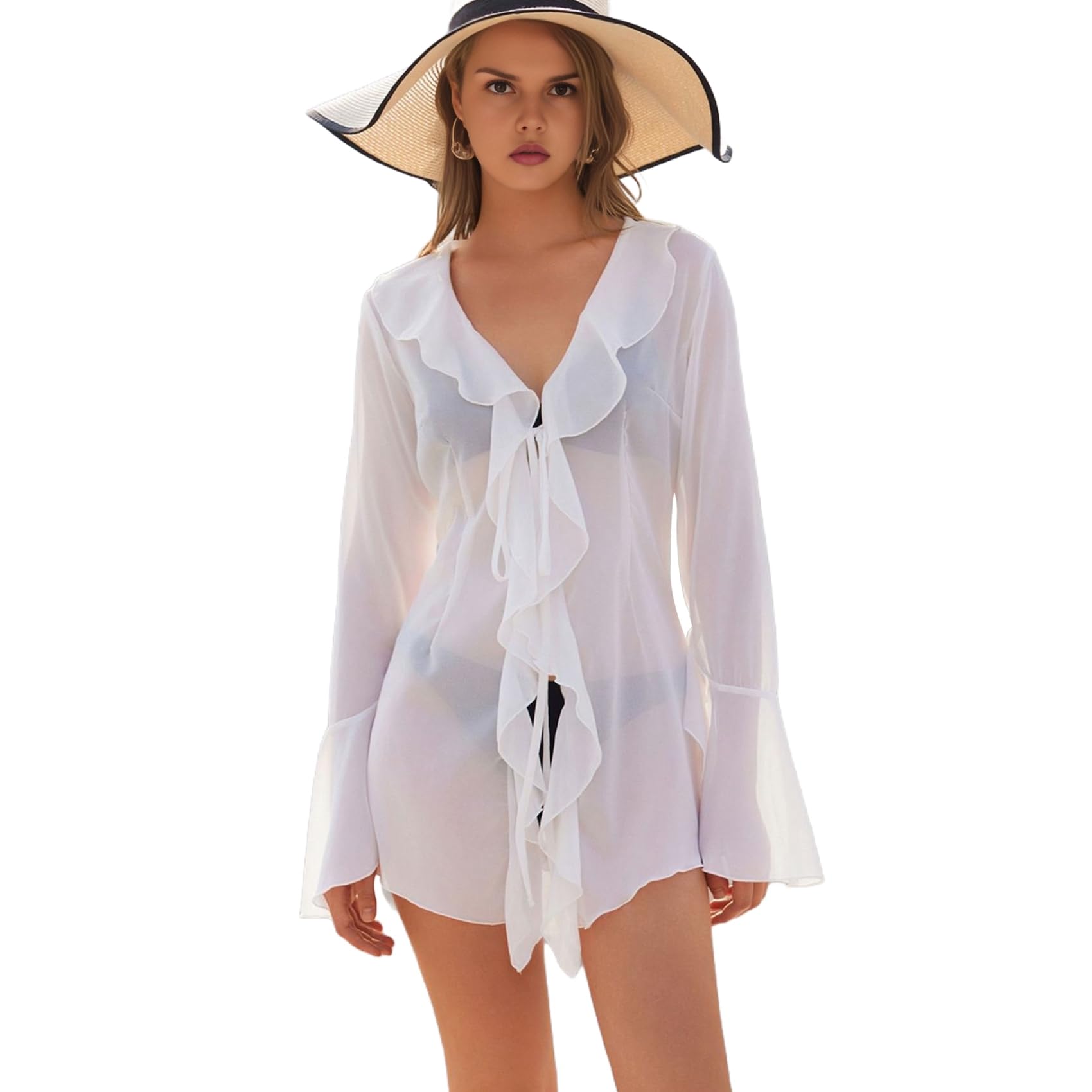 Wouueso Women's White Ruffle Sheer Top Long Sleeve See Through Mesh Blouse Tops Oversized Flowy Chiffon Tunic Shirts M