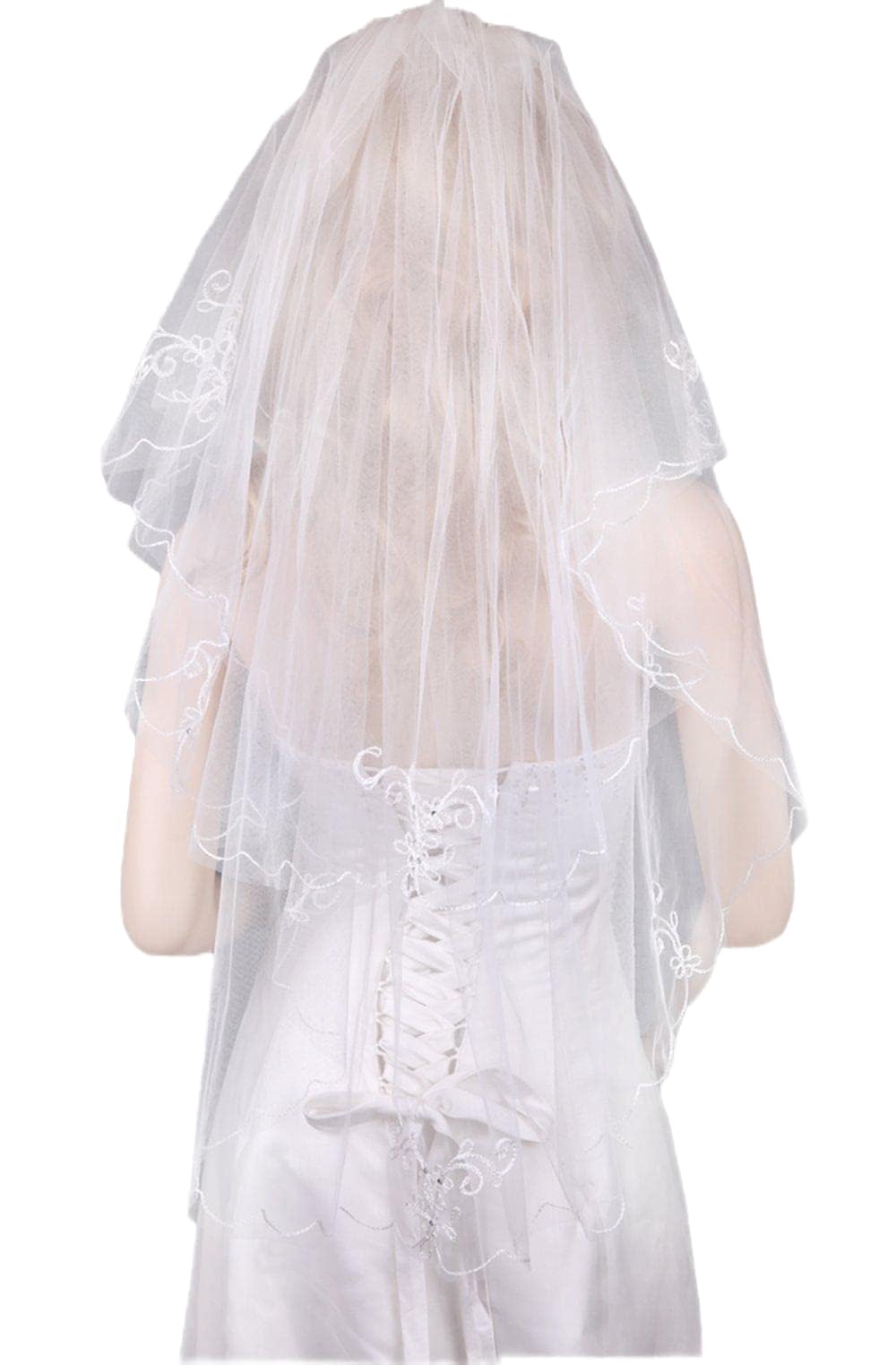 Flora 2-Tier Bridal Fingertip-length Embriodered Veil with Rhinestones,V14