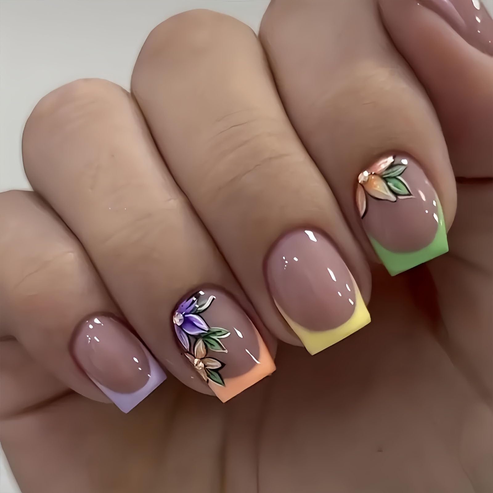 Press on Nails Short Square Fake Nails with Colorful Flower Designs Nude Nails Press ons Glossy Glue on Nails Spring Acrylic Nails French Tip False