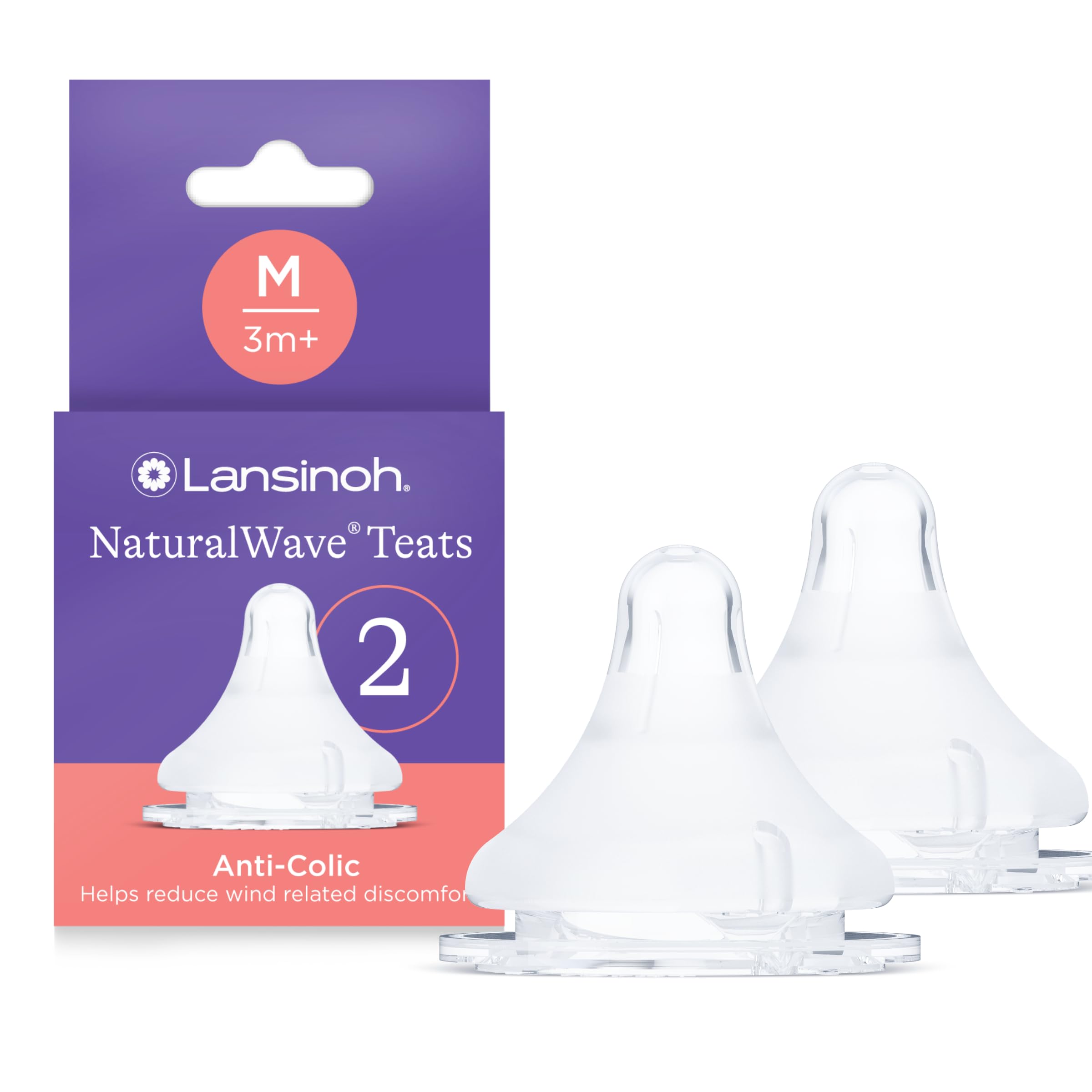 Lansinoh NaturalWave Anti-Colic Baby Bottle Teats - Medium Flow - 2 Pack