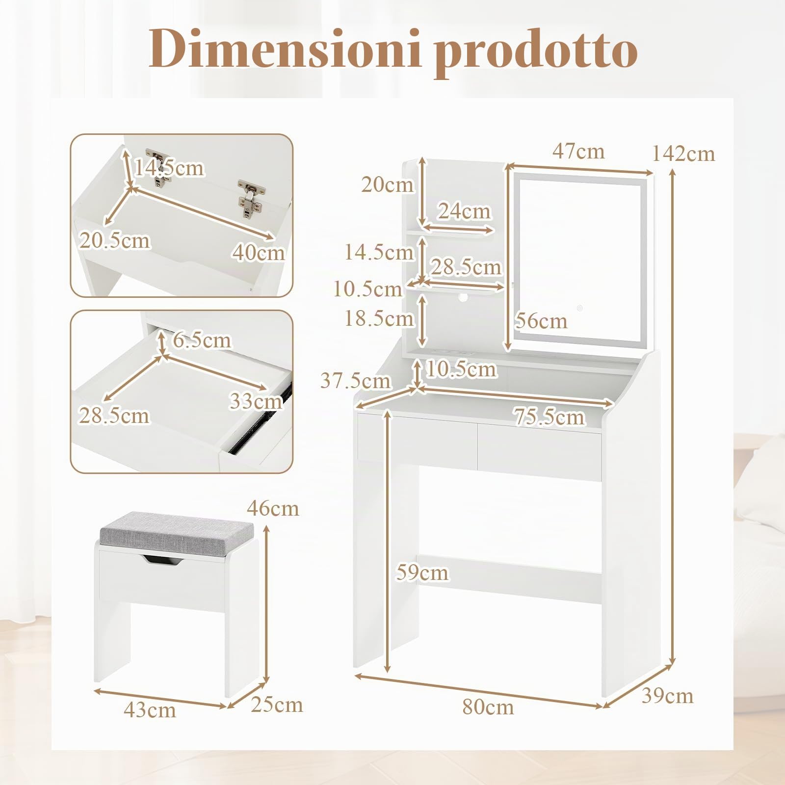 GIANTEX Set da Trucco con Sgabello e Specchio LED